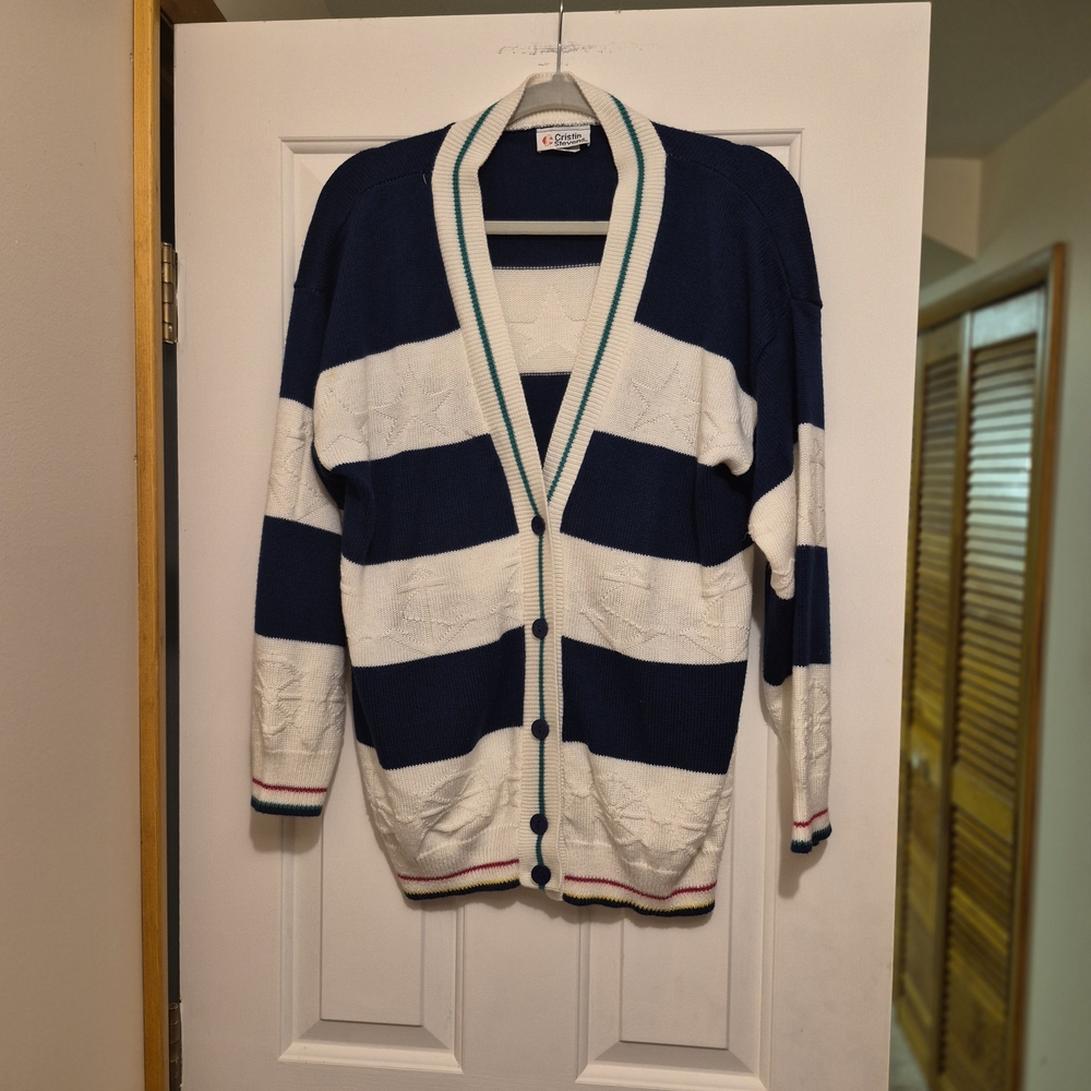 Cristin Stevens Vintage Nautical Striped Anchor Cardigan Navy White Womens L